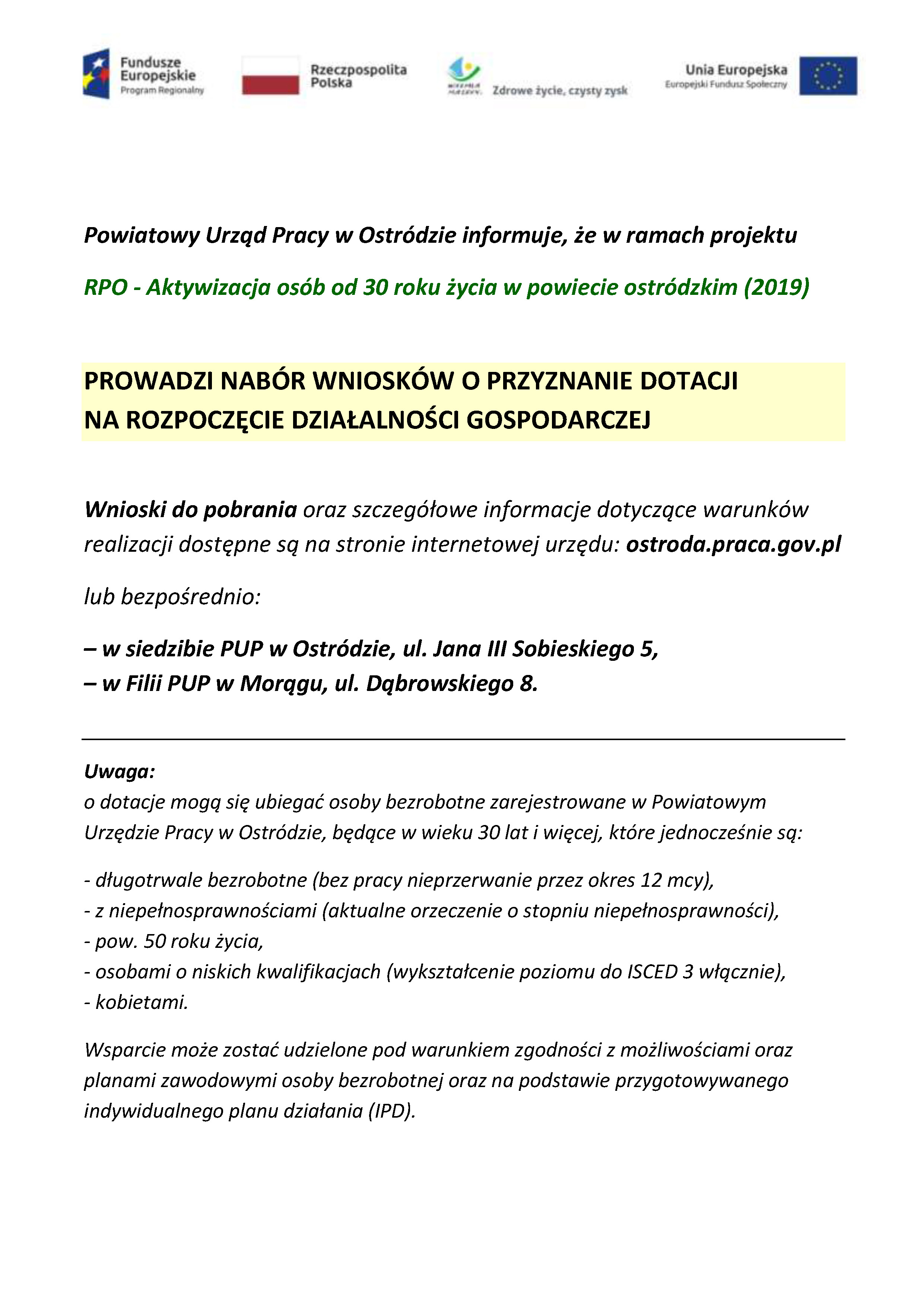 Nabór wniosków o przyznanie dotacji na rozpoczęcie działalności gospodarczej RPO