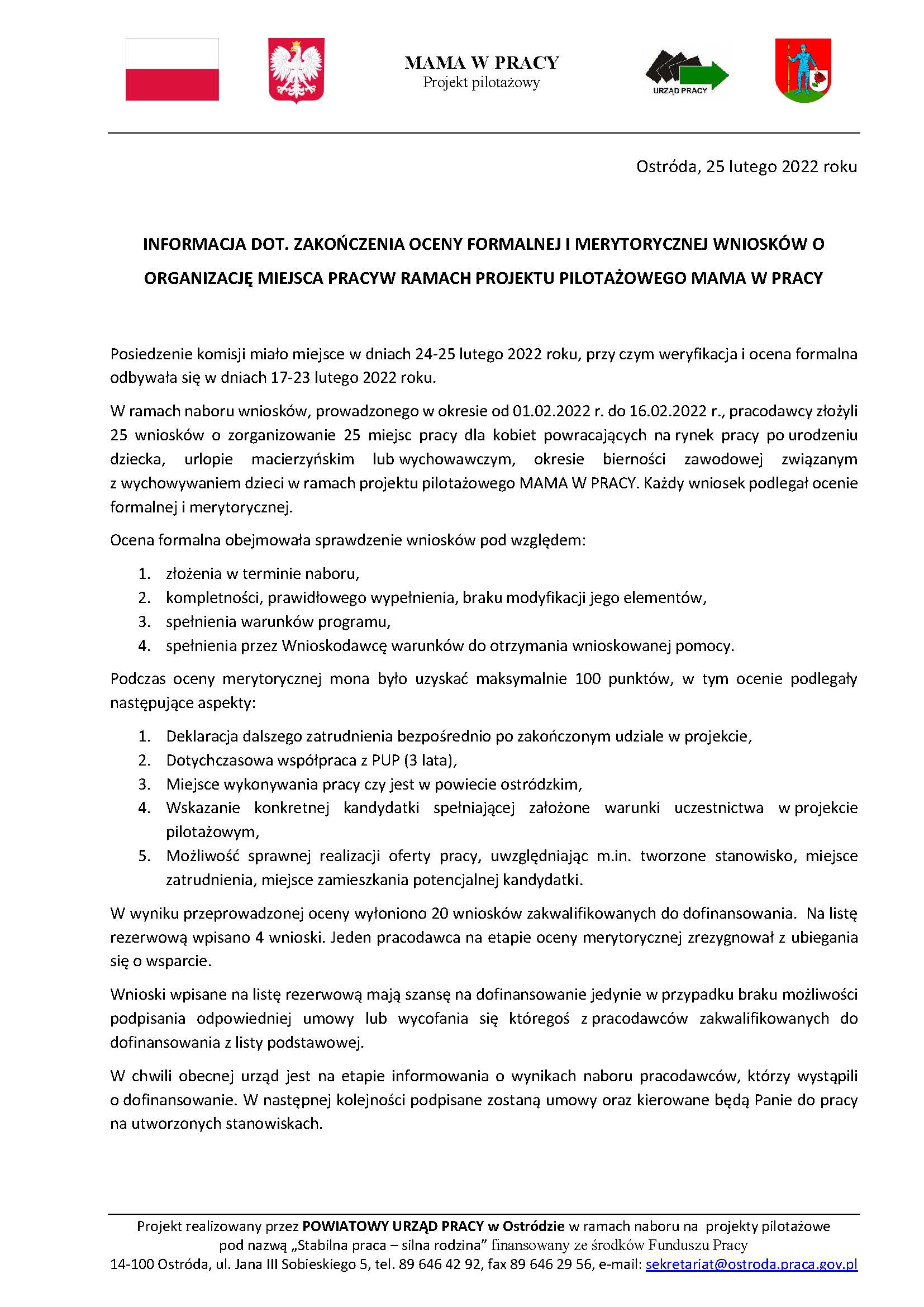 info na stronę po zakończeniu oceny wniosków