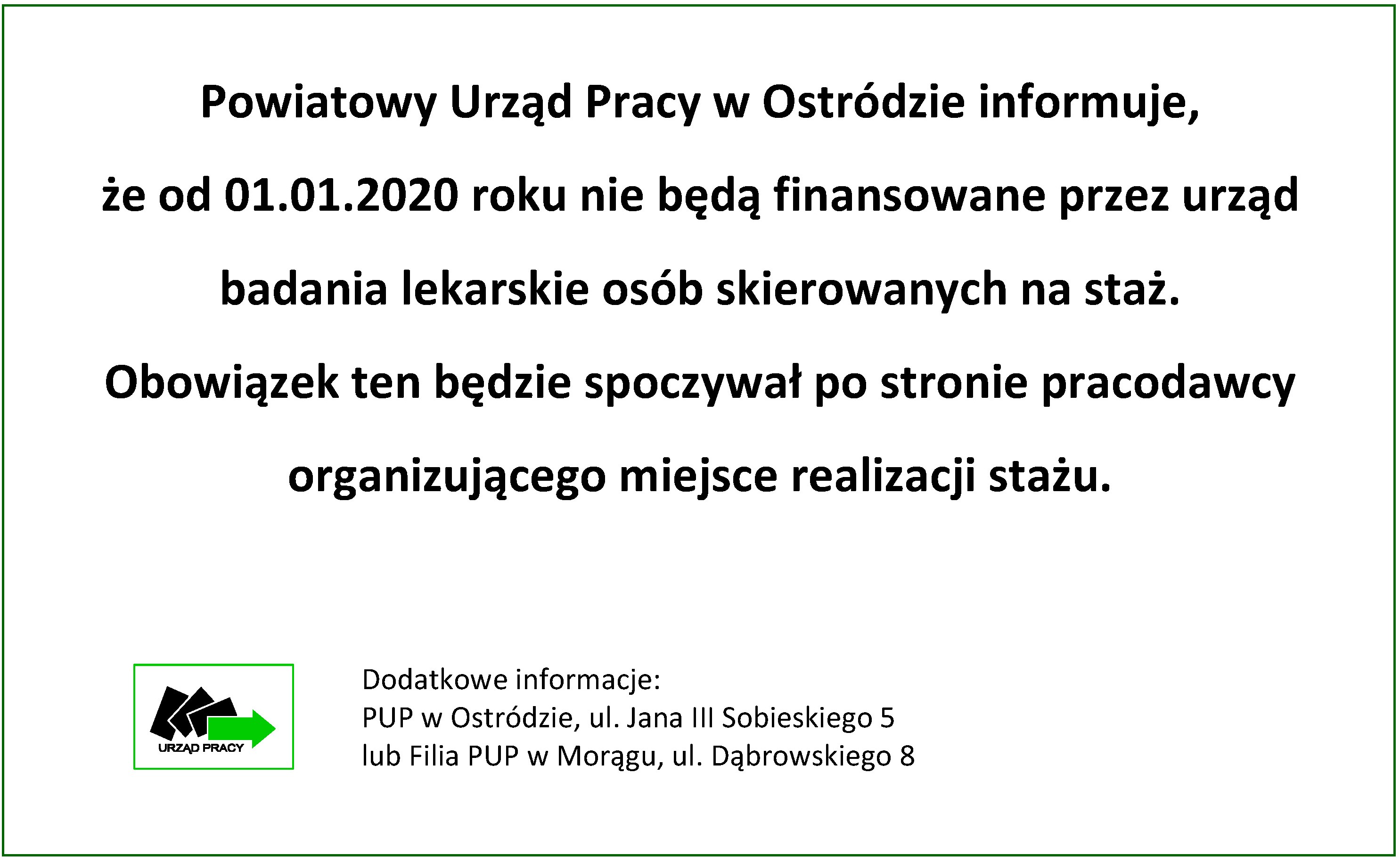 Informacja - badania lekarskie osób skierowanych na staż od 2020 roku